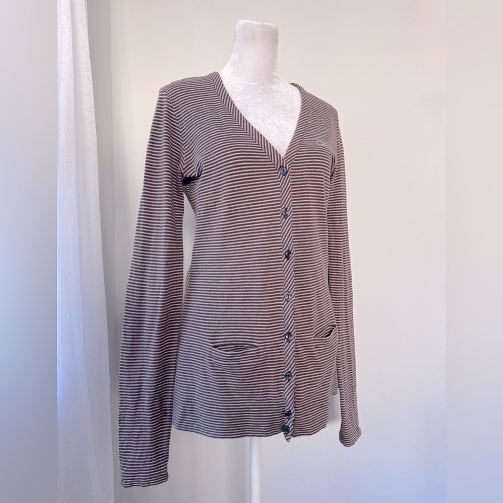 Vintage '00s Lacoste Brown Stripe Lightweight V-Neck Button Down Cardigan